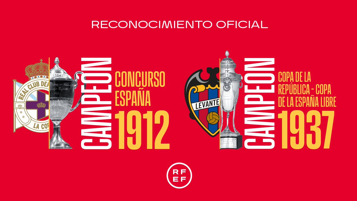 🏆 La Junta Directiva de la RFEF, a petición de Luis Rubiales, aprueba reconocer: 

➡️ Al <a href="/LevanteUD/">Levante UD</a> como campeón de la Copa de la República-Copa de la España Libre de 1937 

➡️ Al <a href="/RCDeportivo/">RC Deportivo</a> del Concurso de España 1912.

ℹ️ Más información: bit.ly/Reconocimiento…
