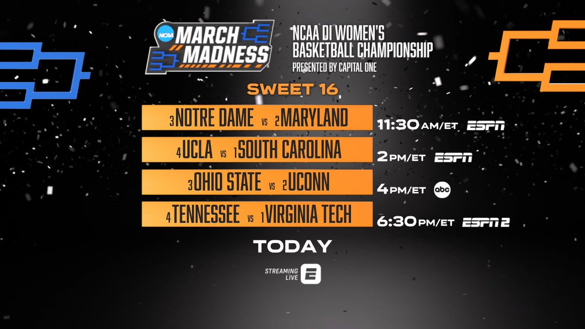 Saturday,  #MarchMadness #NCAAWBB Sweet 16 action continues on ESPN platforms