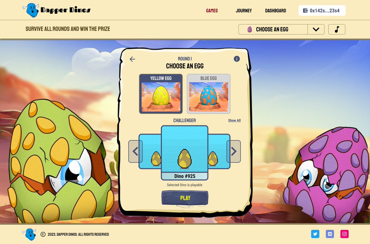 Sneak Peak 👀

🦖🦖    Dino Games Round 1!    🦖🦖

The first event of the Dino Games is that of decision. Two eggs lie before you — a yellow egg and a blue egg.