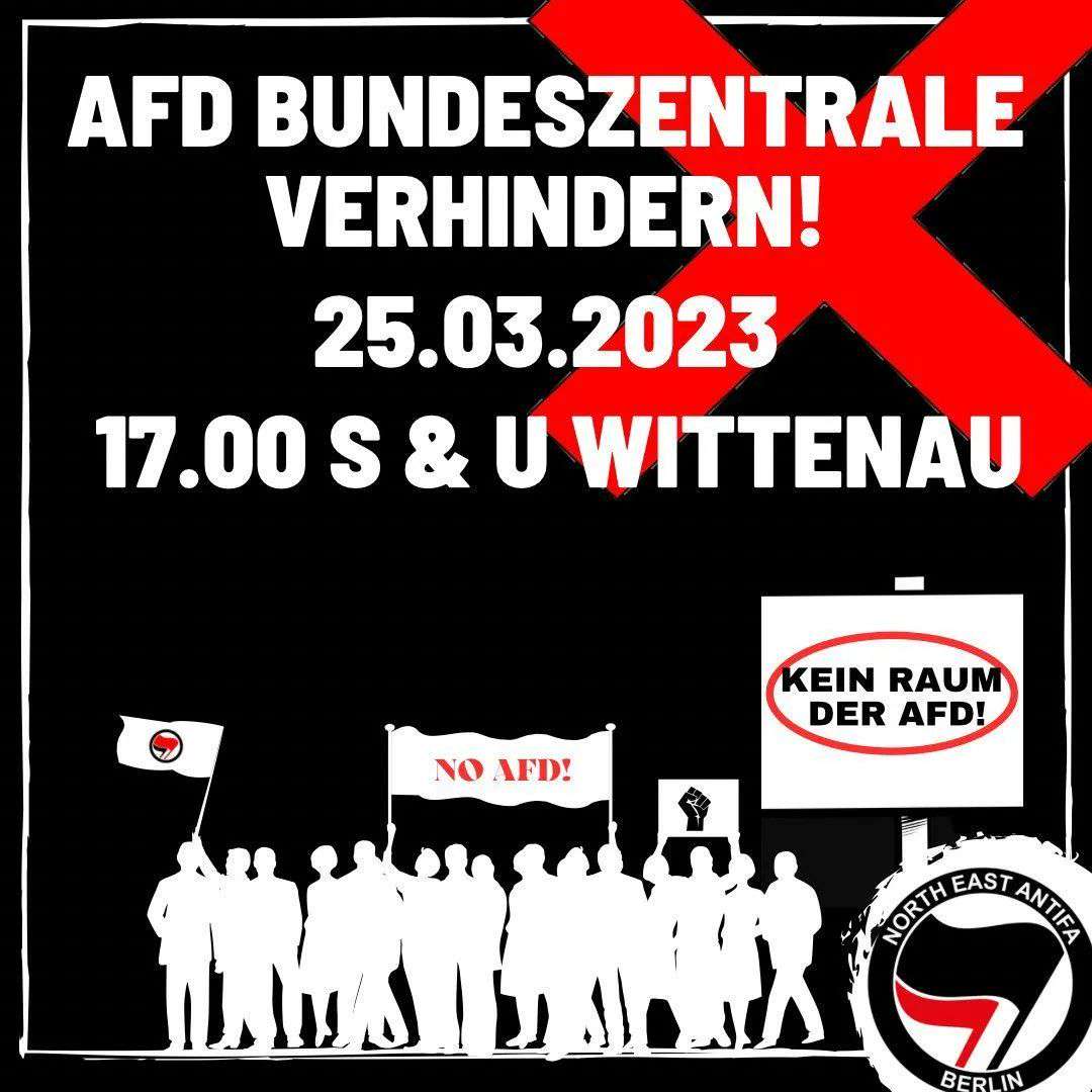 🔴13:50 #b2503 #NeuköllnKomplex Nazis verhindern immer und überall also kommt gerne um 17 Uhr nach Wittenau wo die #noAfD eine Bundeszentrale einrichten will. Nicht mit uns. demotickerberlin.noblogs.org/?p=3006