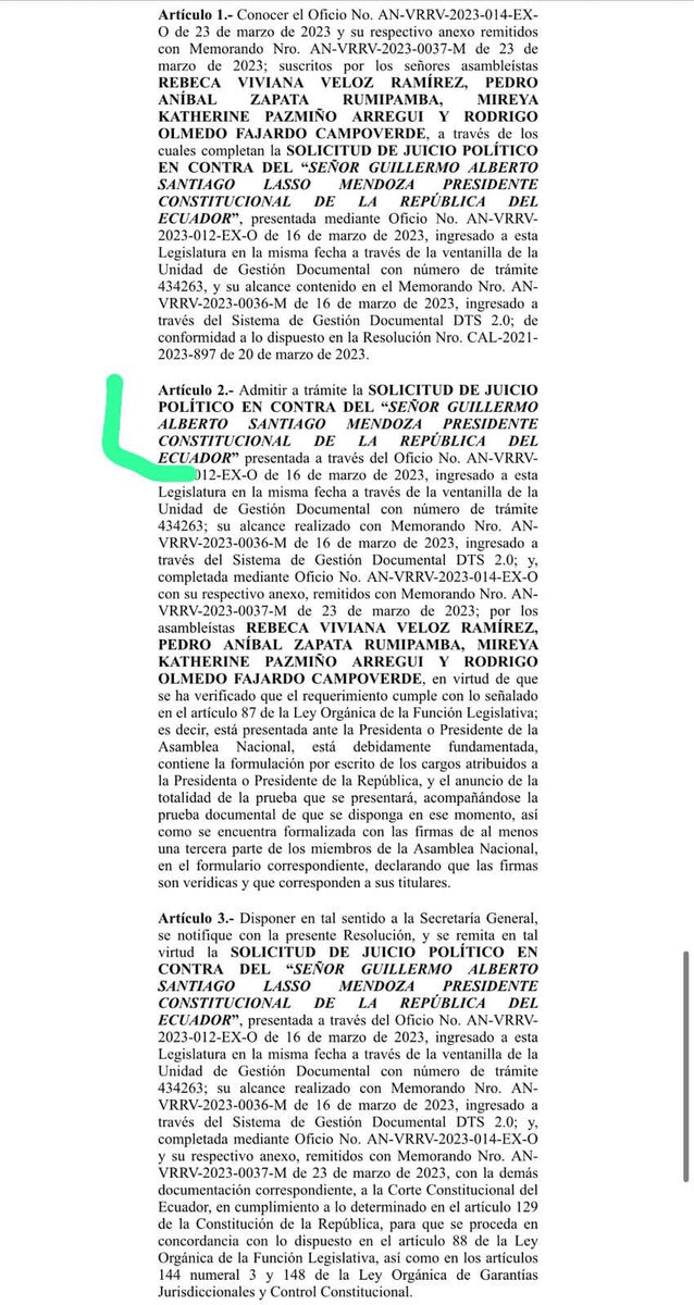 WRadioEc's tweet photo. #OtroError: En la resolución aprobada por el #CAL se omite el primer apellido de Presidente de la República; únicamente señala que el juicio político será en contra del señor “Guillermo Alberto Santiago Mendoza”. @eluniversocom https://t.co/Y3SkPDCa7Q