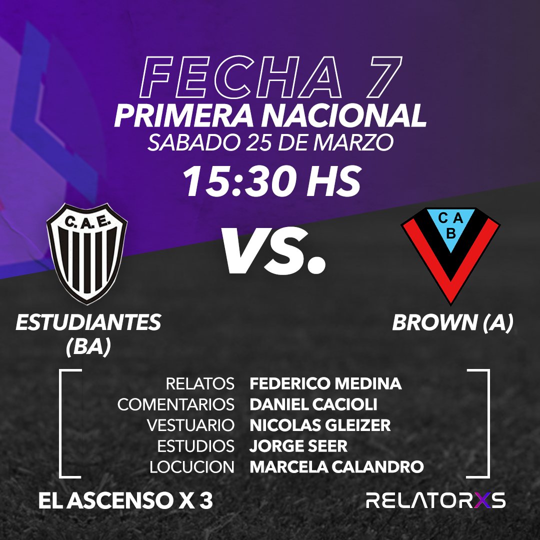 🟥 AIRE - Escuchá Ascenso

⚽️#EstudiantesBA 🆚#Brown

🎙️Relata: <a href="/soyfedemedina/">Fede Medina</a> 
🗣️Comenta: <a href="/DanielCacioli/">Daniel Cacioli</a> 
📱Vestuarios: <a href="/nicogleizer10/">Nicolás Gleizer</a> 
🖥️Estudios: <a href="/jorgeseer24/">Jorge Seer</a> 

📱Por <a href="/Relatoresconvos/">® Σ |_ Δ ╥ Φ ® Σ §</a> 
💻relatores.com.ar
📺You Tube Ax3

👤 <a href="/DanielCacioli/">Daniel Cacioli</a>