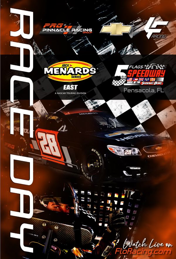 🏁 IT’S RACE DAY 🏁 @5FlagsSpeedway, Pensacola 200, @ARCA_Racing with our #28 @RacePRG @TeamChevy Practice: 2:30 p.m. - 3:30 p.m. Qualifying: 4:30 p.m. On Track Driver Autograph session: 5:45 p.m. Green Flag: 7:05 p.m. @FloRacing will have all the coverage!