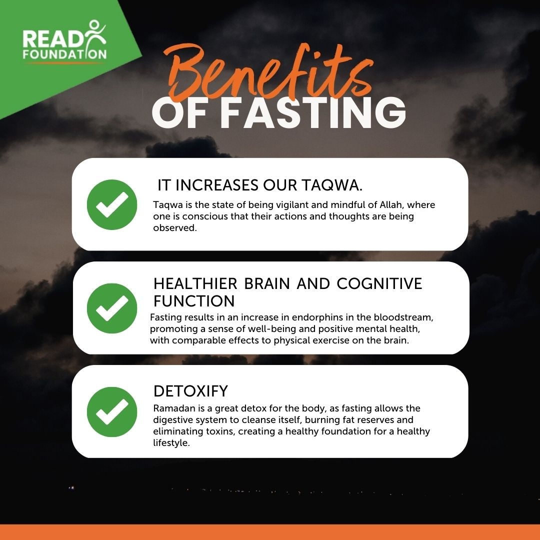 Read_Foundation's tweet photo. Fasting during Ramadan brings numerous benefits for the mind, body and soul. Not only does it increase our Taqwa and spiritual connection with Allah (SWT), it also has some incredible health benefits. π
#RamadanBenefits #HealthandSpirituality #Taqwa #RamadanChecklist https://t.co/zOxOR1qkdl