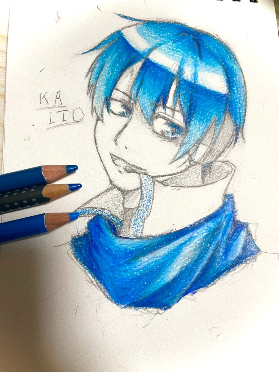 kaito (vocaloid) 1boy male focus traditional media solo blue hair blue nails blue eyes  illustration images