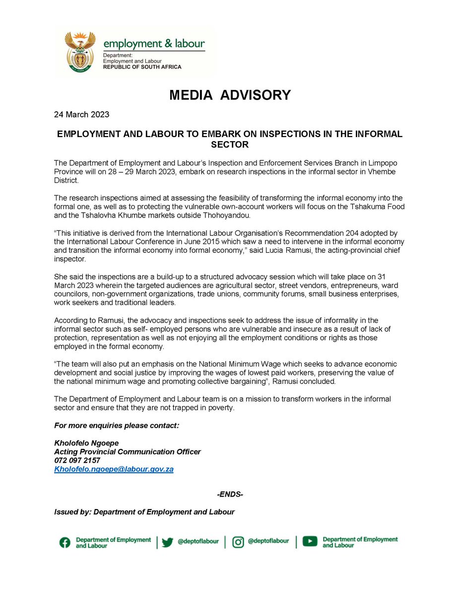 deptoflabour's tweet image. [Media Advisory] The Department of Employment and Labour's Inspection and Enforcement Services Branch in Limpopo Province will on 28 – 29 March 2023, embark on research inspections in the #informalsector in Vhembe District.  labour.gov.za/employment-and…