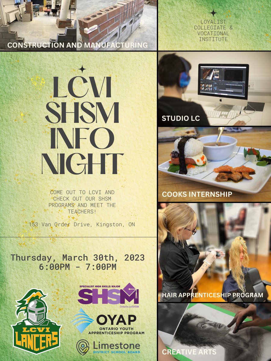 Check out the <a href="/LCVI_LDSB/">Loyalist C.V.I.</a> Specialist High Skills Major info night Mar. 30, 2023, 6-7 p.m. Construction and manufacturing, creative arts, hair apprenticeship, cooks internship and studio LC! Learn about programs and meet teachers. Hope to see you there! <a href="/LDSBmyskillset/">LDSB SHSM/OYAP</a>