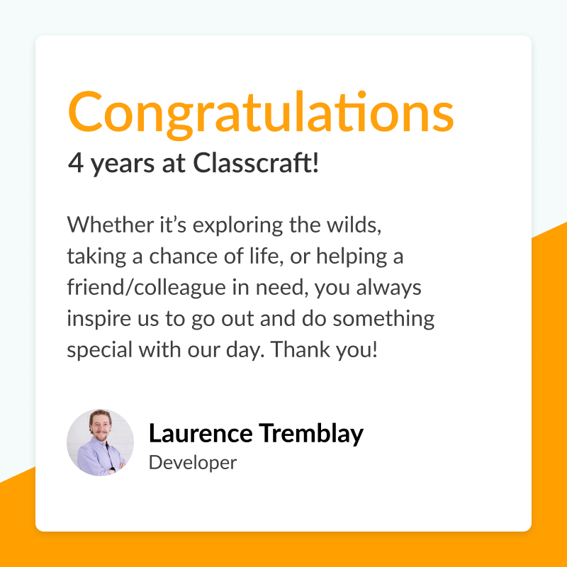 classcraftgame's tweet photo. Thanks so much for 4 terrific years, Laurence! The team (and the platform) just wouldn't be the same without you! 🎉
#workanniversary #classcraft #celebrations https://t.co/DQs73SnQCQ