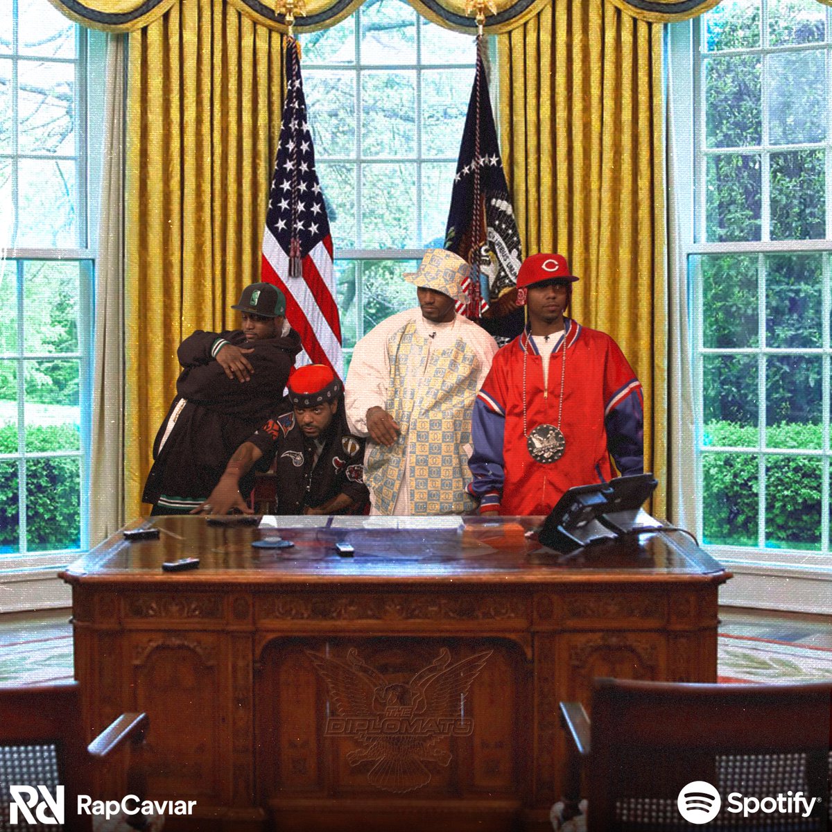 RapCaviar's tweet photo. On the 20th anniversary of Diplomatic Immunity, we salute Dipset for their impact on the game. Nothing but respect for our presidents 🫡 https://t.co/7xN3kQj66H