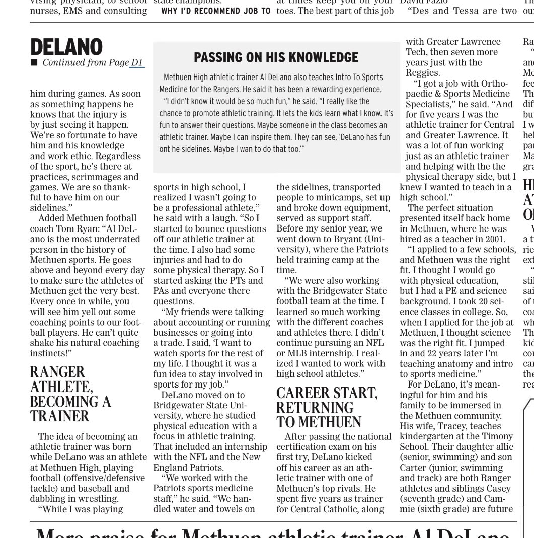 methuensports's tweet photo. What a great story on the greatest Athletic Trainer out there. Underrated, GOAT, the glue, dedicated. Al is certainly all of those and more. We are So lucky he is a Methuen Ranger. Congrats on the well deserved ink Al! Thank you @DWillisET @BurtTalksSports for highlighting ATC! https://t.co/UPbB1a0qQ4