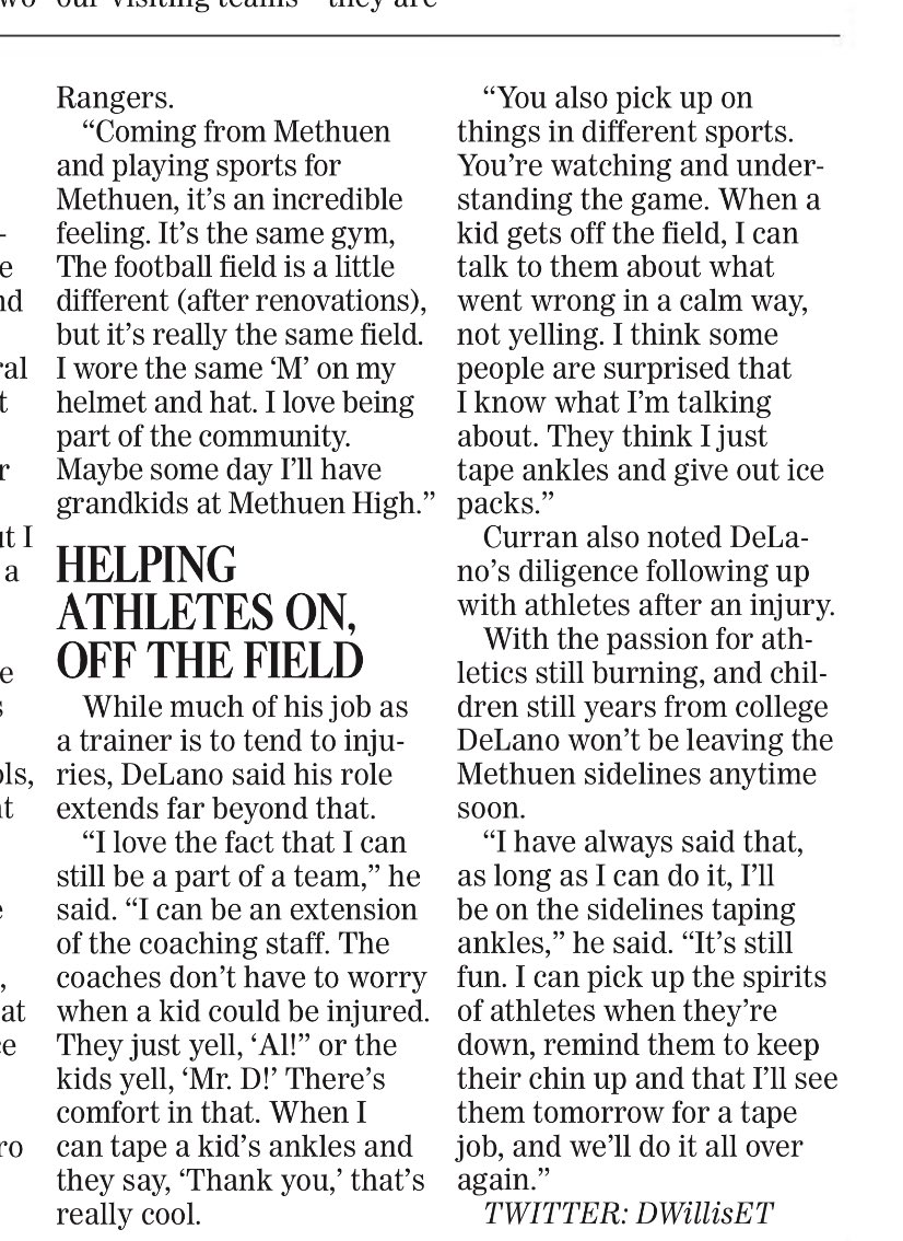 What a great story on the greatest Athletic Trainer out there. Underrated, GOAT, the glue, dedicated. Al is certainly all of those and more. We are So lucky he is a Methuen Ranger. Congrats on the well deserved ink Al! Thank you <a href="/DWillisET/">David Willis</a> <a href="/BurtTalksSports/">Bill Burt 🇺🇸</a> for highlighting ATC!