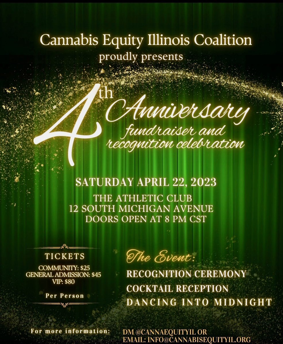 CannaEquityIL's tweet photo. Join us 4/22 for our 4th Anniversary Celebration! We’ll be downtown Chicago on the 22nd to celebrate our community and the progress we’ve made. Sponsor &amp; vendor opportunities are available, DM or email us. Tickets: https://t.co/MezW1WjQ5W and in bio. #CannaEquityIL https://t.co/rHcO7Etiea