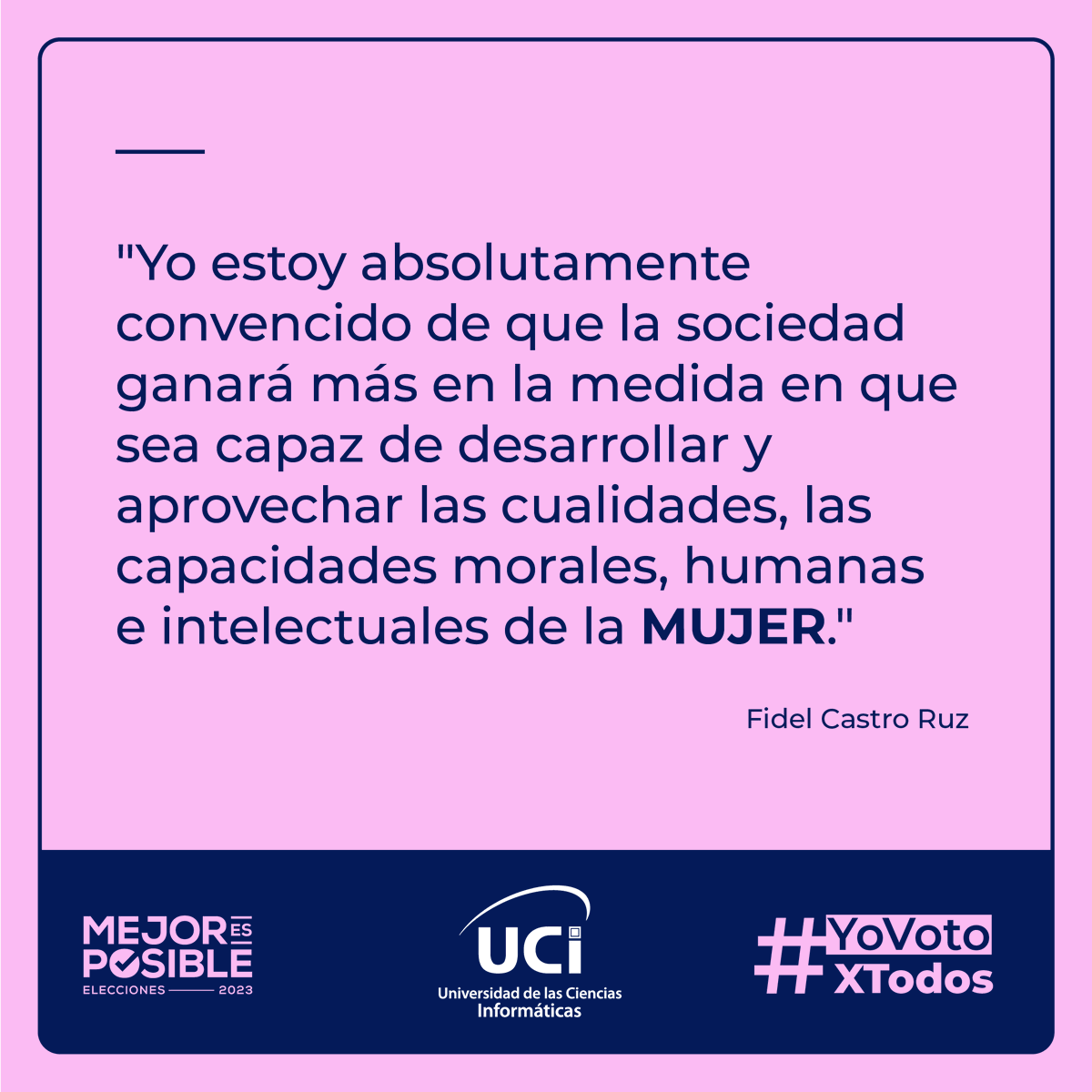 "Cuando en un pueblo pelean los hombres y pueden pelear las mujeres, estos pueblos son invencibles, y la mujer de este pueblo es invencible." #Fidel 
#MujeresEnRevolución
La mujer cubana es invencible y estará ampliamente representada en el Parlamento Cubano. #YoVotoXTodos