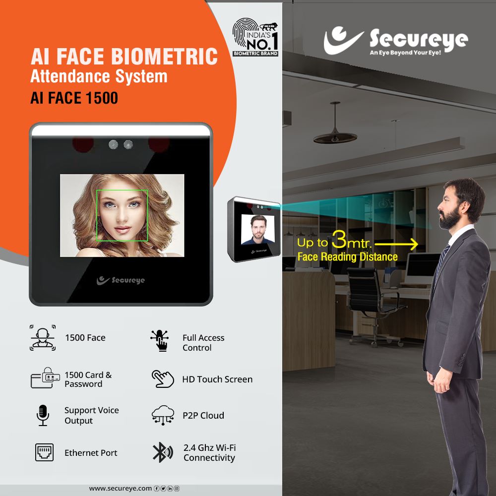 New Launch Secureye AIFace1500 Face Biometric Machine with P2P Cloud. To more about dial 9832023324, 
Our mail id rajeshrathi71@gmail.com.