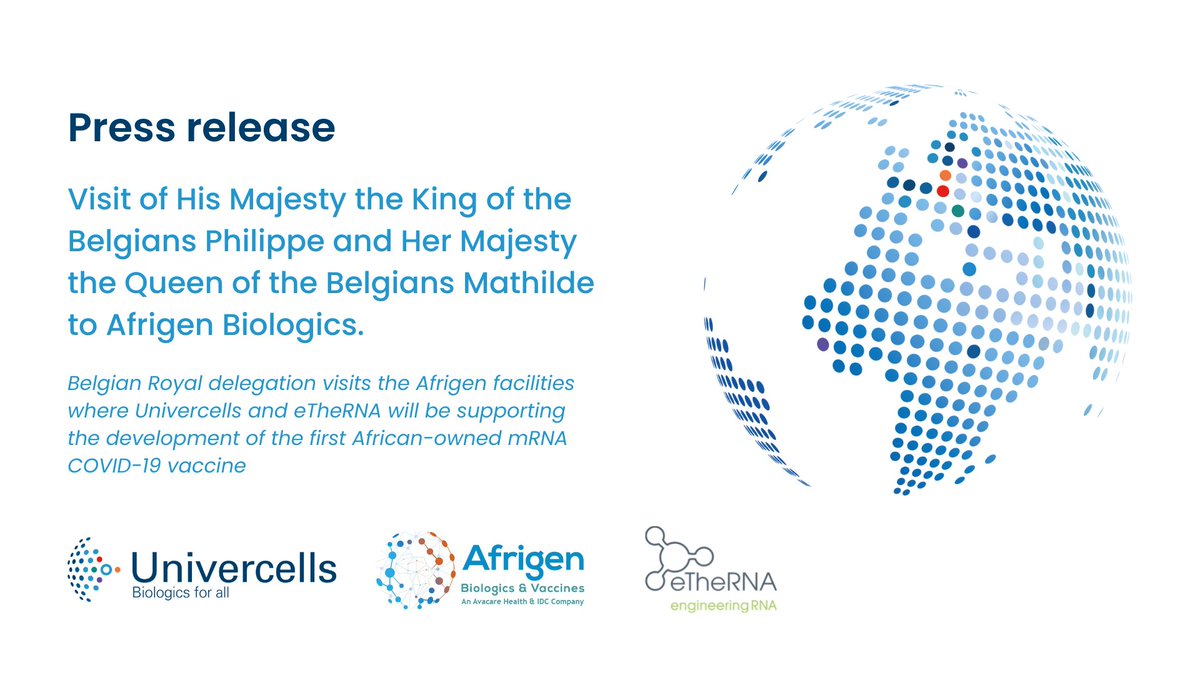 José Castillo met the King and the Queen of the Belgians at Afrigen Biologics today. The delegation visited the  company to meet 2 companies, <a href="/Univercells_sa/">Univercells</a>  and <a href="/eTheRNA_engine/">eTheRNA</a>, working on the development of the first African-owned COVID-19 vaccine: univercells.com/news/visit-Kin…