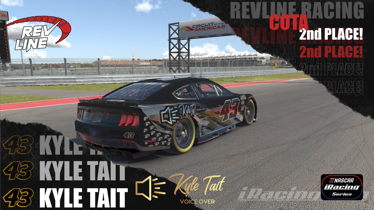 RevlineRT's tweet photo. Congratulations to Kyle Tait on his 2nd place finish at COTA! Kyle loves this track and his hard work here always pays off. Check out his narration work at https://t.co/zHyjsQBYbz

#iRacing #esports #RevvedUp https://t.co/8SvBJhE5dh