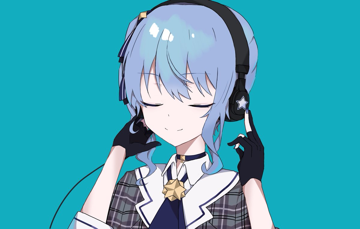 hoshimachi suisei 1girl solo gloves blue hair closed eyes headphones smile  illustration images