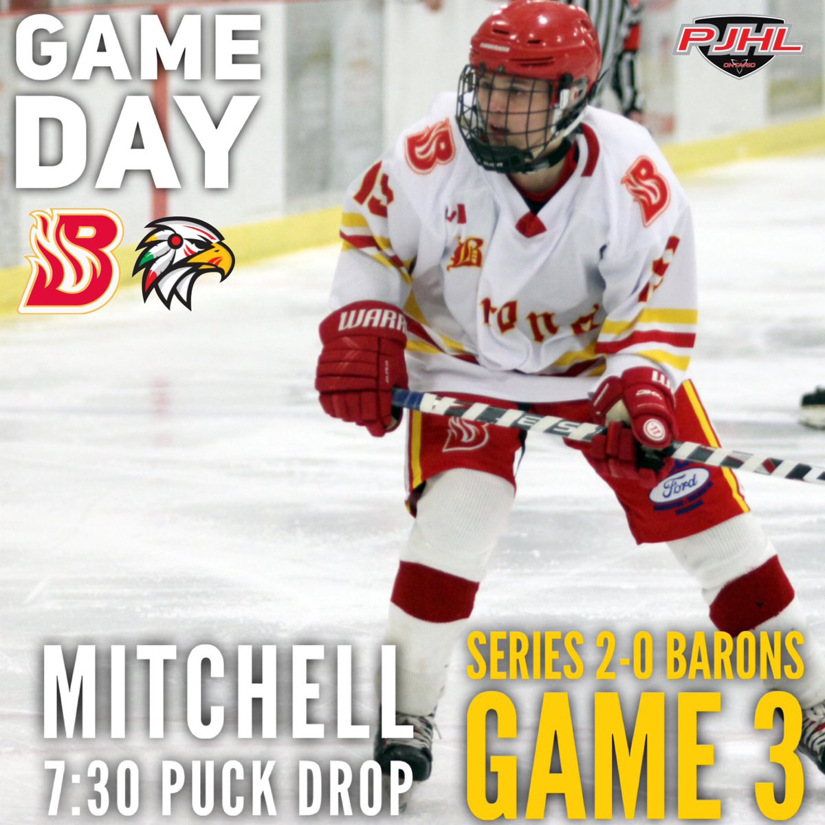 HanoverBarons's tweet photo. GAME DAY! 
The B’s travel to Mitchell tonight for Game 3 after winning Game 2 by a score of 3-1 last night!! Your Barons hold a 2-0 series lead!! @MitchellHawks #gobaronsgo #bsrhot https://t.co/oly1XWOoN3