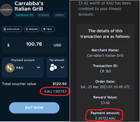 rhynoC77's tweet photo. Celebrating big wins for Sound Money this week! 
@KinesisMonetary 💪
KVT yields announced ✅

Able to save and very importantly SPEND in AU/AG; paid 1.90 KAU for dinner, included a tip in the calculation and get 3% back in KAU (no merchant pmt via VISA/MC).  

#paidwithkinesis https://t.co/QcqNmXiPZp