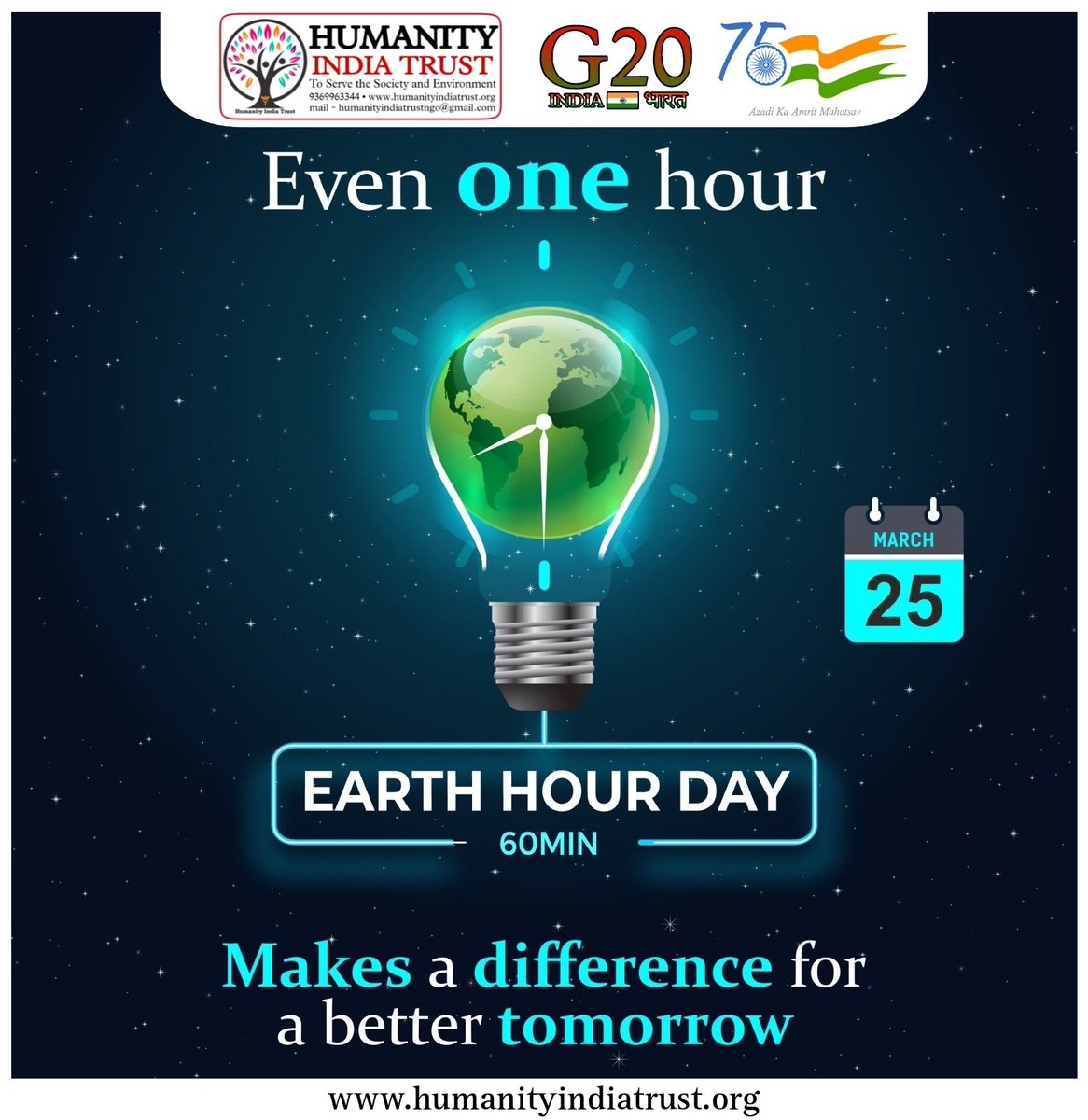 HUMANITYInTrust's tweet photo. The event is held annually, encouraging individuals,communities, and businesses to turn off non-essential electric lights, for one hour, from 8:30 to 9:30 p.m. on the last Saturday of March, as a symbol of commitment to the planet.
#EarthHour2023 #HUMANITY_INDIA_TRUST #EarthHour https://t.co/8QFY5wVq1Q