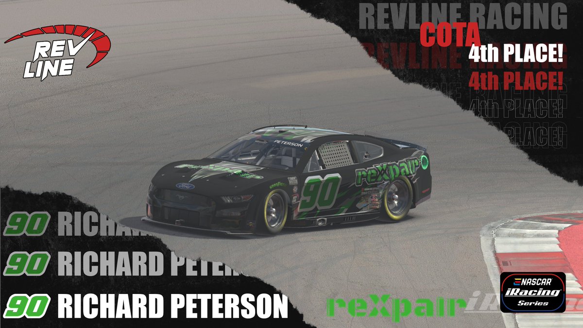 RevlineRT's tweet photo. Congratulations to Richard Peterson who brought his reXpair Ford Mustang home 4th at COTA.

For the security and comfort you need, check out reXpair's tire puncture solutions here: https://t.co/kHwqKS9Y5x

#iRacing #esports #RevvedUp #reXpair https://t.co/IQVSEfSW1V
