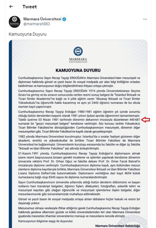 solcugazete's tweet photo. Diploma iddiaları üzerine dün Marmara Üniversitesi, Erdoğan’ın geçici mezuniyet belge numarasını 440-687 olarak açıklamıştı.

Bu numaranın, bugün Fahrettin Altun'un paylaştığı 410-677 geçici belge numarasıyla çeliştiği ortaya çıktı; https://t.co/54wApJhim8