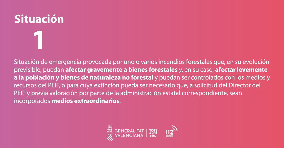 GVA112's tweet photo. (14:20h) S'establix la Situació 1 del PEIF en l'#IFSax per la seua possible afectació a béns no forestals. https://t.co/8O54yj1kIo