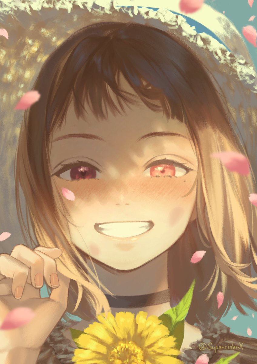 1girl solo flower smile petals choker brown hair  illustration images