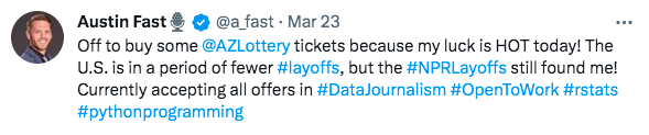 SachaPfeiffer's tweet photo. Two painful reporter layoffs on @NPR's investigative team this week: @a_fast &amp; @ChiaraEisner. Both are smart, skilled, talented, and adored by their peers. I hope our terrible loss will be another media outlet's great fortune. Contact me for recommendations of either: https://t.co/ccd0oPlfFv