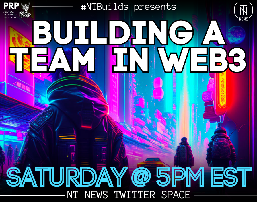 Neo_Tokyo_News's tweet photo. Join us at 5PM EST as we host an #NTBuilds Twitter Space and speak with #Web3 project founders about ⭐️Building a Team in Web3⭐️
⏰Set your reminders 👇
https://t.co/LgmtuxA3Ia https://t.co/B5tZW1gD4z