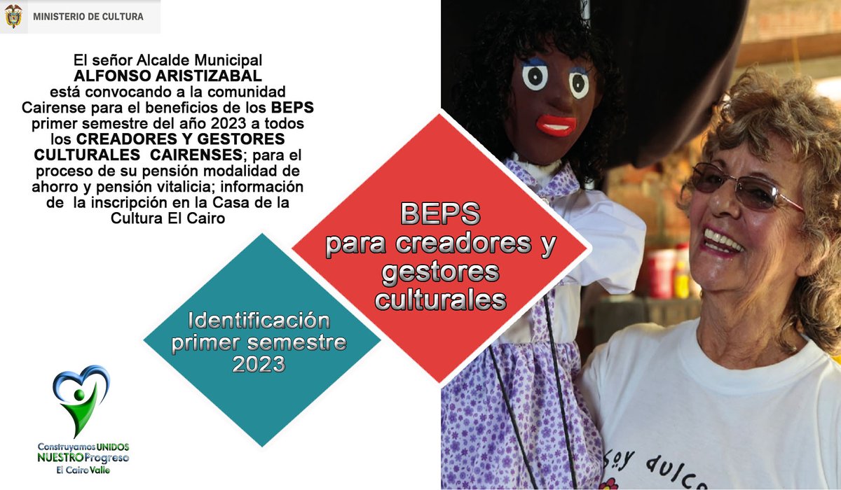 AlcaldiaCairo's tweet photo. Desde el 24 de marzo  y hasta el 10 de abril de 2023, el municipio El Cairo registrará a los creadores y gestores culturales para ser beneficiarios del Programa BEPS Cultura. Mayor información: Teléfono: 3128709346
Correo electrónico: direccioncultural@elcairo-valle.gov.co https://t.co/rM1pmevxbu