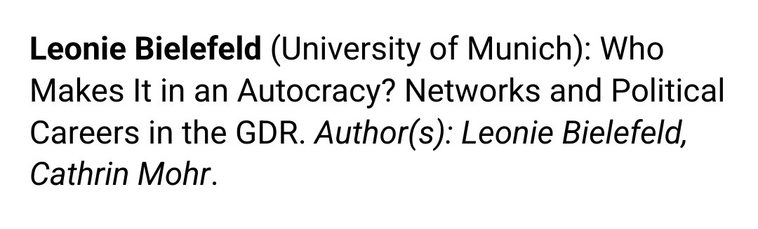 NicolasMotz's tweet photo. ...a very nice presentation by Leonie Bielfeld showing that in order to get ahead in your political career in the former GDR, it helped to be less rather than more connected. Why? The top brass wanted to prevent the formation of factions that could become too powerful. https://t.co/uhzXZTunGL