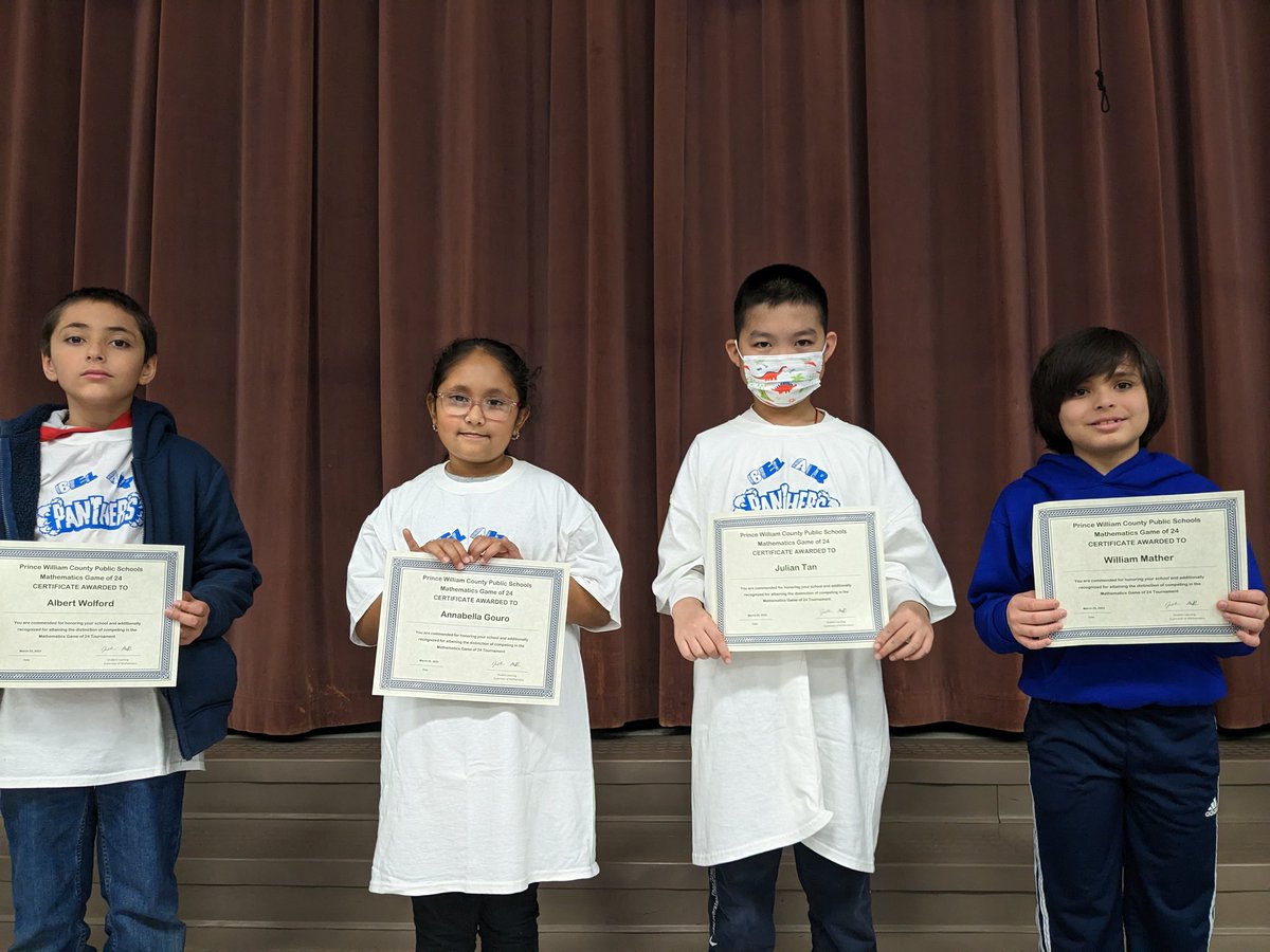 We had 4 amazing mathematicians compete in the PWCS Game of 24 Tournament this morning! Our students demonstrated their math skills, showed PAWS behavior and had fun meeting kids from other schools. We're so proud of these kids! #BAESShines @Bel_Air_ES