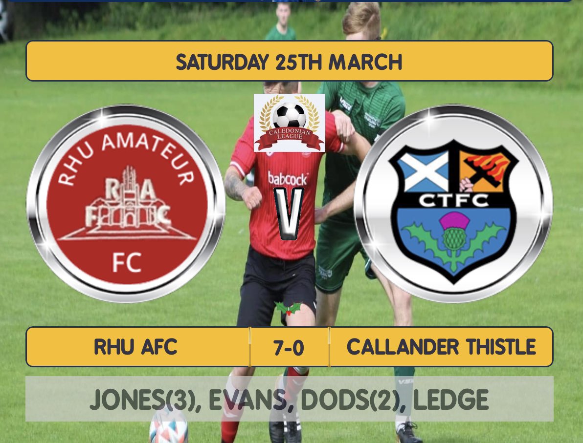 A comprehensive win for the boys from Ardenconnel today in <a href="/CaledonianAFA/">CaledonianLeague</a> 1st Divison match against <a href="/thistle_afc/">Callander Thistle AFC</a>. Hat trick from <a href="/RyanJones1888/">Ryan Jones</a> double from <a href="/callum_dods/">Callum dods</a> and goals from Evans and Ledge. Well done lads <a href="/helensburghadv/">Helensburgh Advertiser</a> <a href="/scottish_aff/">AmateurFixturesResultsSCO</a>