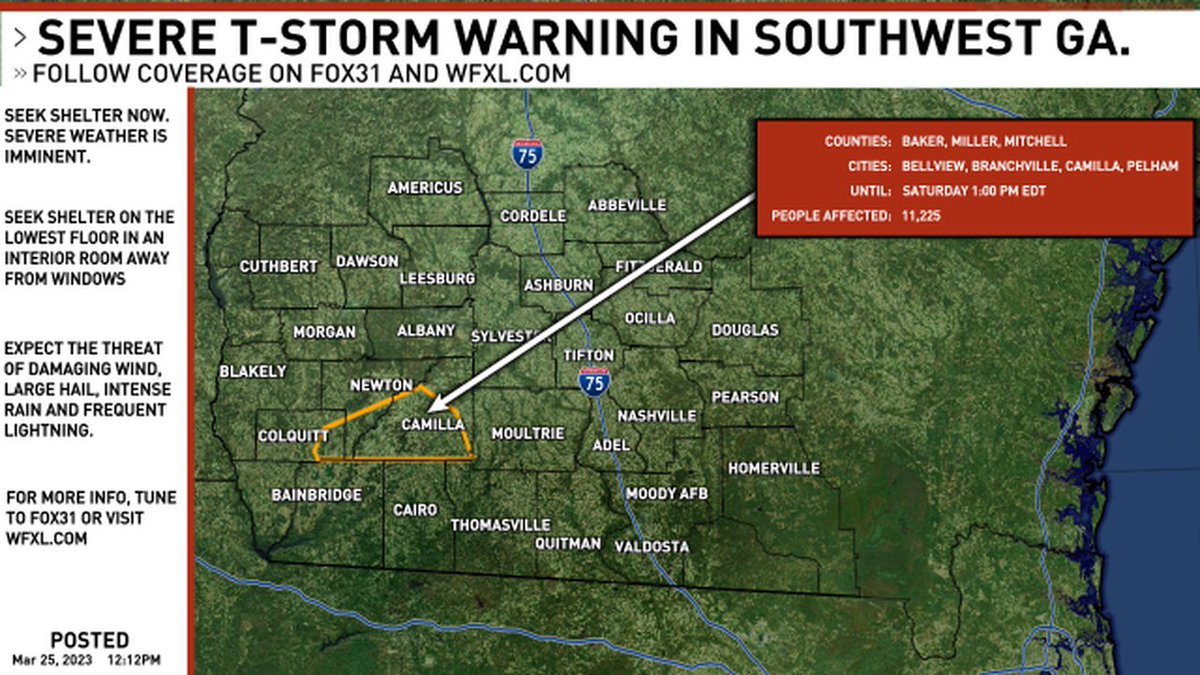 A new SEVERE THUNDERSTORM WARNING has been issued for southwest Georgia. Follow FOX31 News on-air and online for updates. #gawx #swga #gawxcond