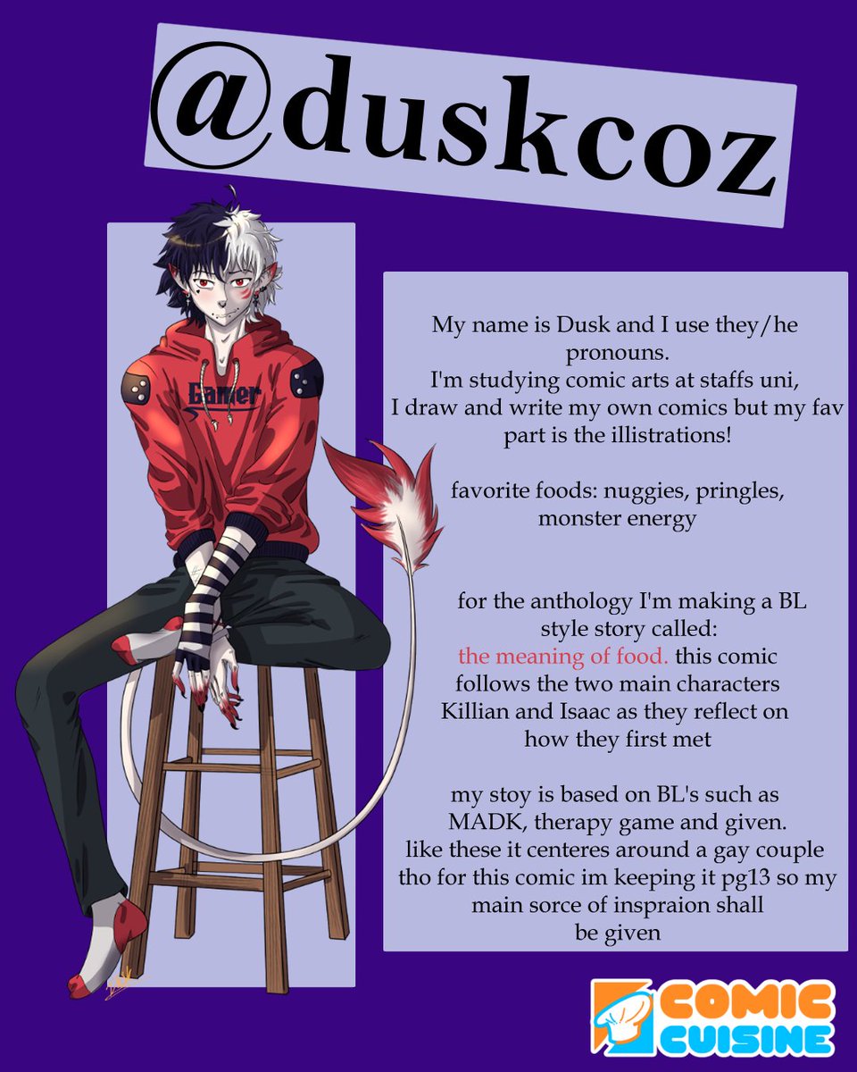 CuisineComic's tweet photo. hi, I'm @duskcoz another member of team comic cuisine, stay tuned for more on our project  
#MeetTheArtist #mcmlondon #ComicCon #digitalart https://t.co/xHZveVyKGn