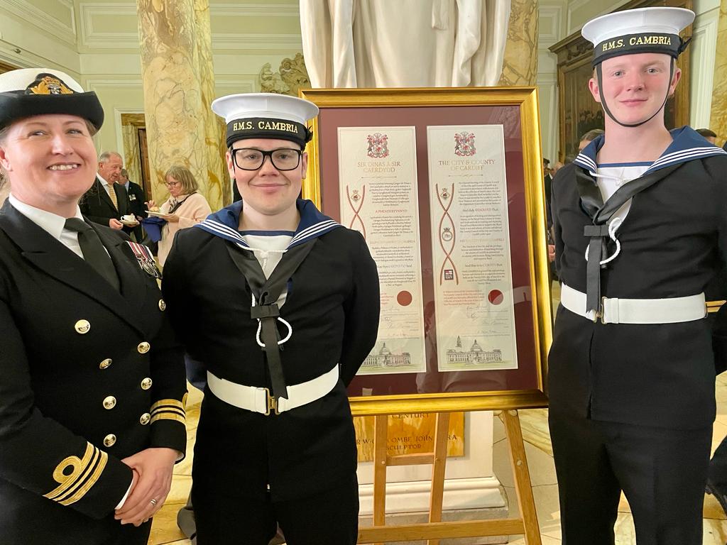 Our Commanding Officer, Lt Cdr Imrie, has joined AB Mills and AB Woolger for the Cardiff 'Freedom of the City' to @HMSCambria All 3 are taking an active part in the prestigious ceremony.