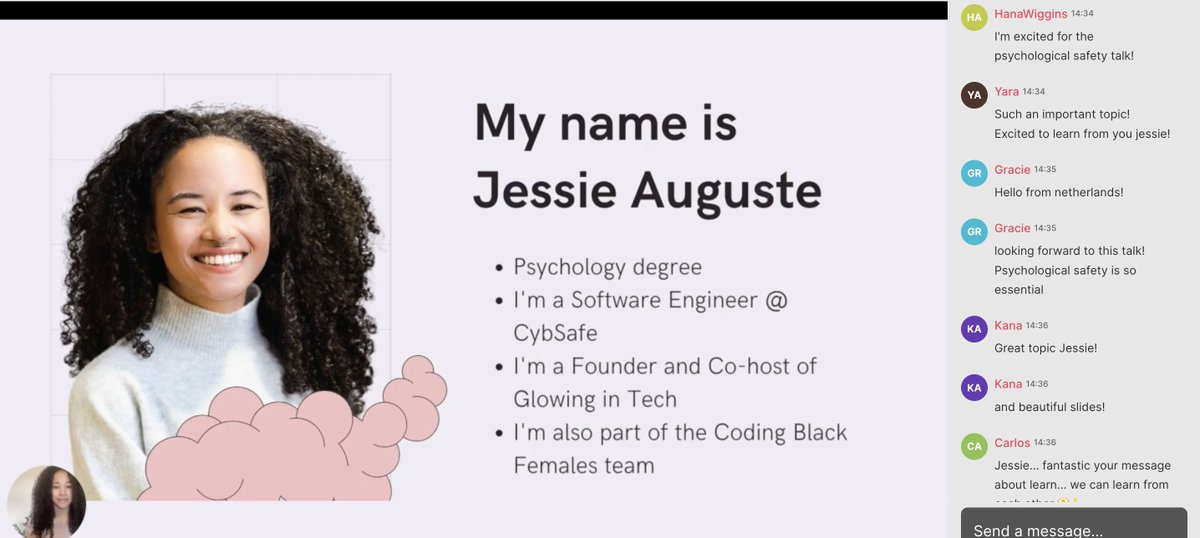 FemTechConf π©πΎβπ»π©βπ»π©π½βπ»π (@femtechconf) on Twitter photo So glad to get started with amazing Jessie Auguste <a href="/_jessie_belle/">Jessie Auguste β¨</a> from <a href="/CybSafe/">CybSafe</a> <a href="/glowingintech/">Glowing in Tech - careers</a>
Speaking on the topic of Psychological Safety at #FemTechConf
Join live: live.femtechconf.com/stafe/c So glad to get started with amazing Jessie Auguste <a href="/_jessie_belle/">Jessie Auguste β¨</a> from <a href="/CybSafe/">CybSafe</a> <a href="/glowingintech/">Glowing in Tech - careers</a>
Speaking on the topic of Psychological Safety at #FemTechConf
Join live: live.femtechconf.com/stafe/c