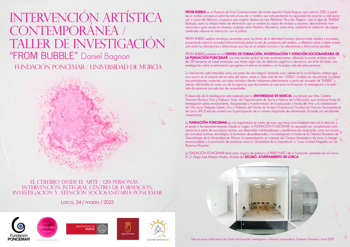 Intervención Artística Contemporánea / Taller de Investigación "From Bubble" <a href="/frombubbledb/">From Bubble</a> <a href="/danielbagnon/">Daniel Bagnon</a> en el Centro de Formación, Investigación y Asistencia Sociosanitaria Fundación Poncemar <a href="/FPoncemar/">Fundación Poncemar</a>, con la participación de la Universidad de Murcia <a href="/UMU/">Universidad Murcia</a>
