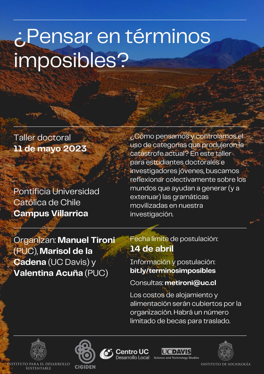 ManuelTironi's tweet photo. INVITACIÓN🔴🔴

Taller doctoral:
¿PENSAR EN TÉRMINOS IMPOSIBLES?

11 de mayo 2023 en @VillarricaUC.  

Organizado junto a Marisol de la Cadena @marisoldelacad1 y Valentina Acuña @valemoraima. 

Fecha límite postulación: 14 de abril.

Info y postulación: https://t.co/GRkRS0lQYj https://t.co/Ev2EYvvr1A