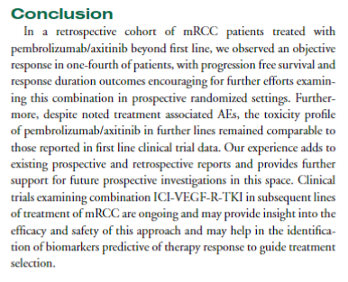 While the pubs of prospective efforts with IO-based combinations in further line treatment of #mRCC are around the corner, we appreciate the opportunity to publish our retrospective experience with #pembrolizumab #axitinib in ≥ 2nd line. 

🙏Thanks <a href="/YaleIMed/">Yale Internal Medicine</a> <a href="/YaleCancer/">Yale Cancer Center</a>, for