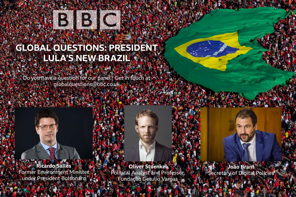 @BBC Global Questions (@bbcglobalquest) on Twitter photo Looking forward to welcoming <a href="/joaobrant/">João Brant</a>, <a href="/rsallesmma/">Ricardo Salles</a> and <a href="/OliverStuenkel/">Oliver Stuenkel 🇧🇷</a> to Global Questions in Rio on Tuesday, March 28th for a discussion on Brazil's future.
Is there something you’d like to ask our panel? Get in touch at globalquestions@bbc.co.uk Looking forward to welcoming <a href="/joaobrant/">João Brant</a>, <a href="/rsallesmma/">Ricardo Salles</a> and <a href="/OliverStuenkel/">Oliver Stuenkel 🇧🇷</a> to Global Questions in Rio on Tuesday, March 28th for a discussion on Brazil's future.
Is there something you’d like to ask our panel? Get in touch at globalquestions@bbc.co.uk