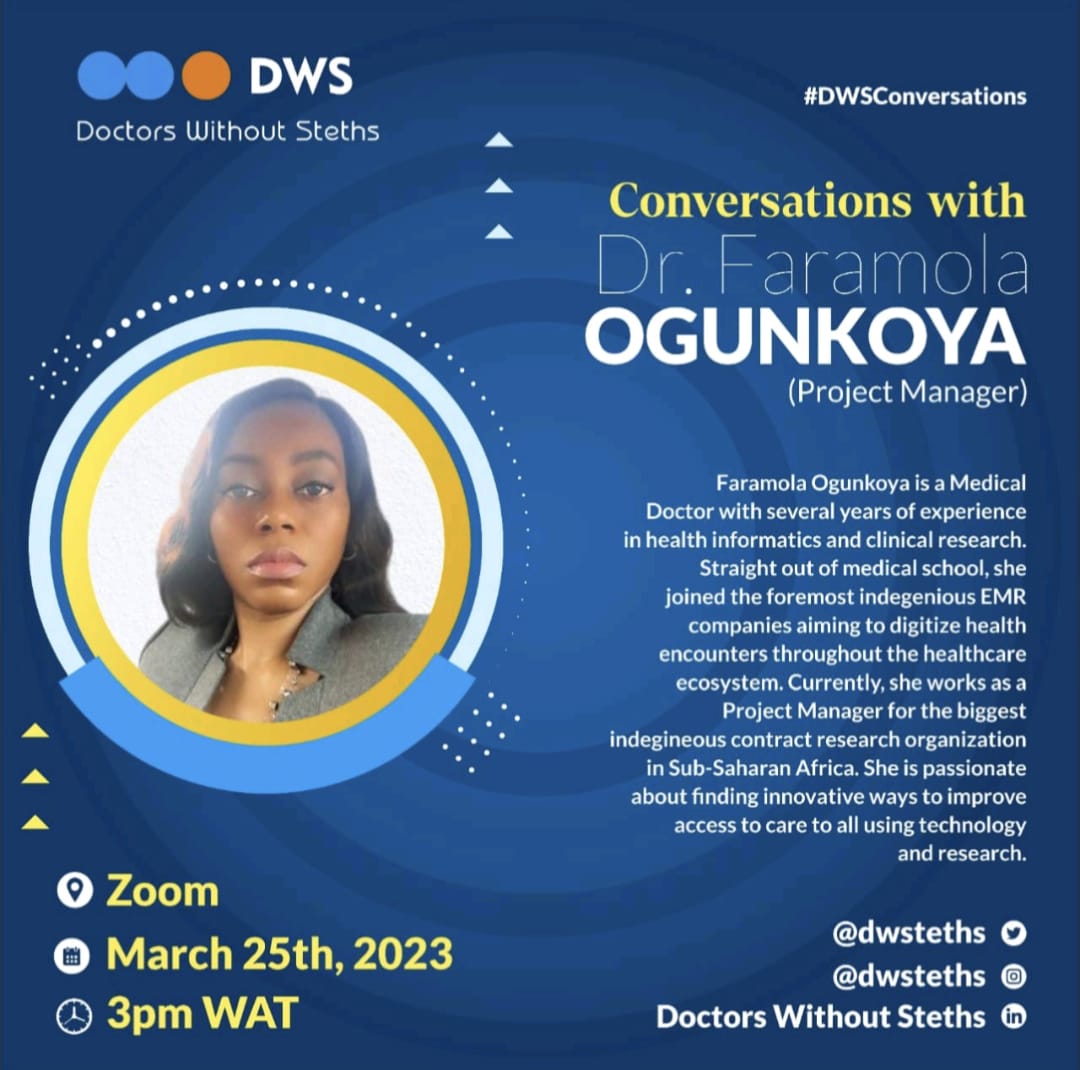 sisikunmi's tweet photo. For our next #DWSConversation tomorrow, Faramola is joining us to share her oursights on charting a career as a doctor outside the clinic.

Faramola works as a Project Manager at Africa's Leading indigenous CRO, so you can be certain that this would be an interesting session. https://t.co/j9oLJkhD3C