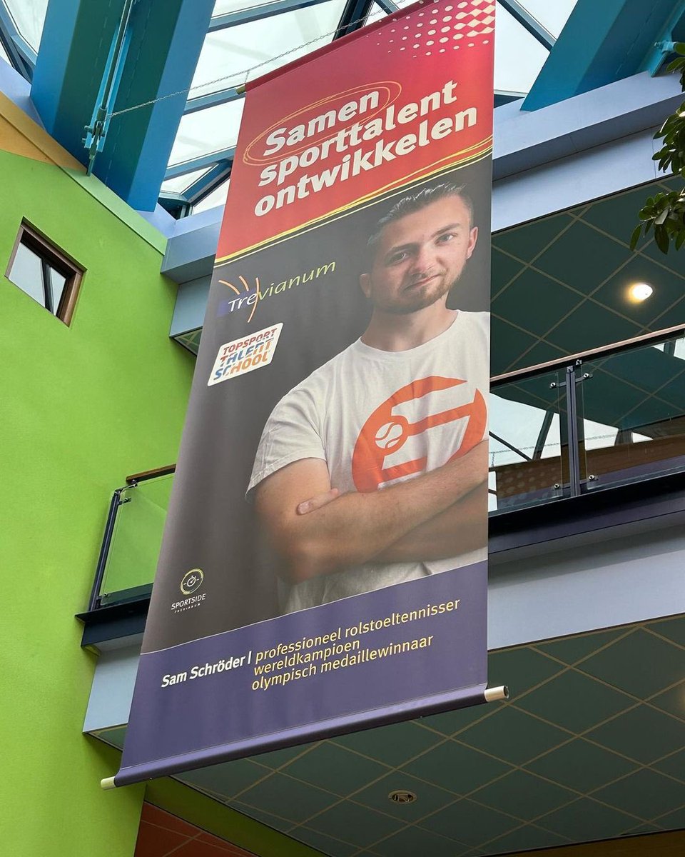 🤩What an honor it is to see a gigantic banner of me in the hallways of my high school @Trevianum . Trevianum is one of only few high schools in The Netherlands that has special programs to help athletes manage their education and sports career.