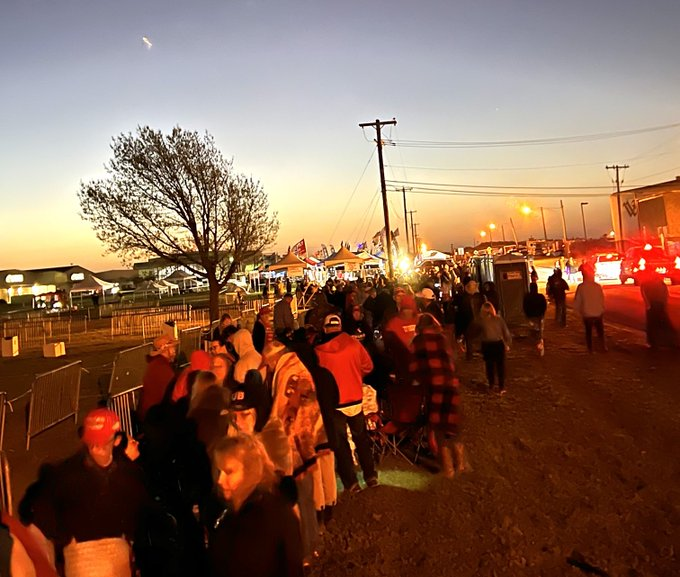 volt2017's tweet image. The predawn line to see Trump in Waco Texas. All those waco far lefties should watch or attend to learn something. Watch Live on Newsmax