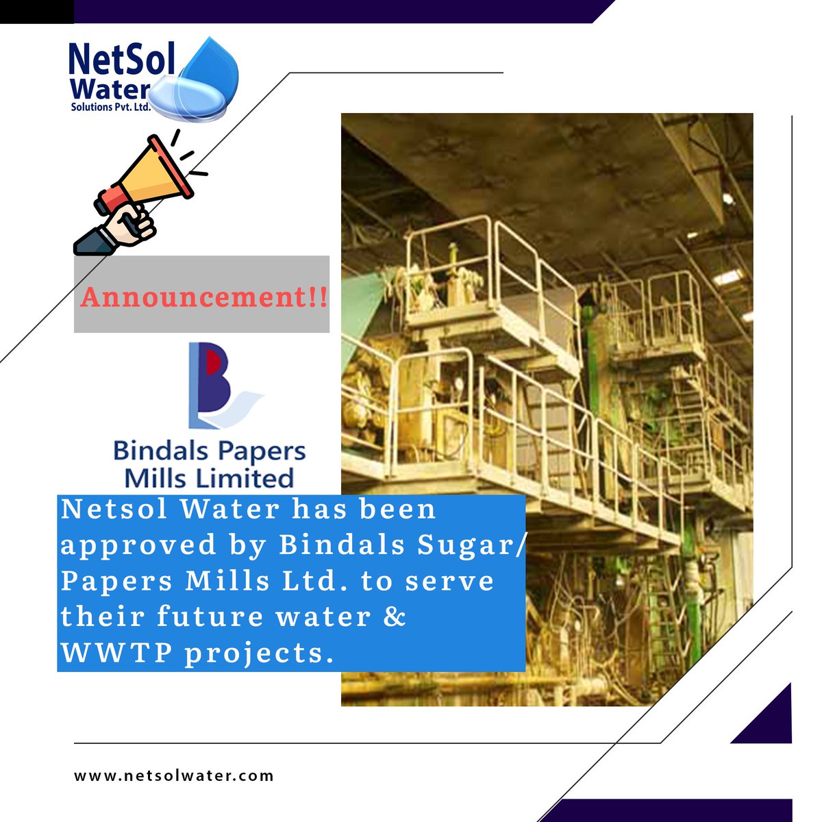 NetsolWater's tweet photo. ✨Announcement 📢
Netsol Water has been approved by Bindals Papers/Sugar Limited 🏛️ to serve their future projects.💥
This is a new badge added to Netsol's feather.
#netsolwater #bindalspaper #bindalsugar #livebetter #approvedmake #sustainable #watertreatment #wastewater https://t.co/MDvCAz5LGt
