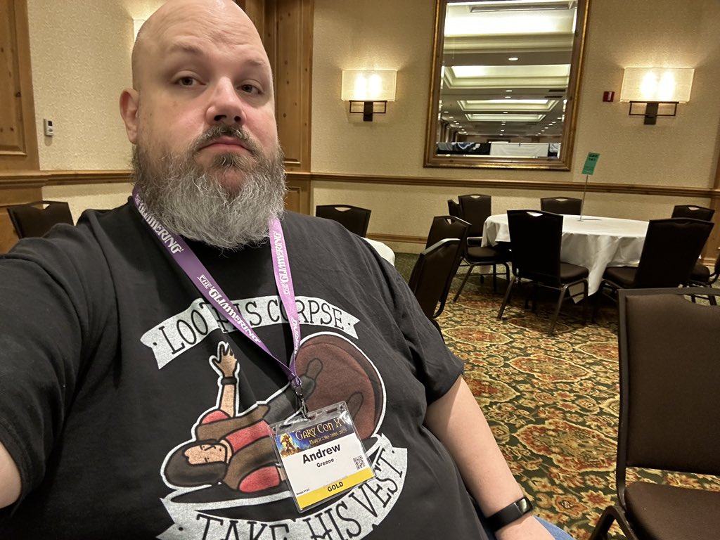 andrewgreene's tweet photo. Representing @samurai_rusk at @GaryCon today! Let’s see if my players #LootHisCorpse and #TakeHisVest. As always much love to @matthewmercer. https://t.co/bWDveS1pEk