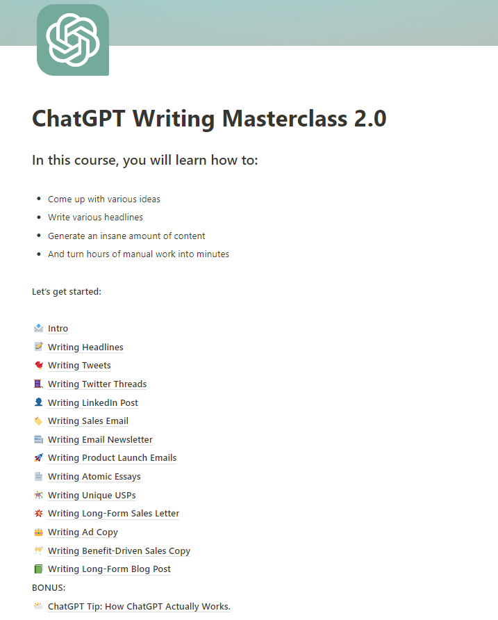 After huge demand for the ChatGPT Writing Masterclass (it literally broke my DMs)....

I decided to upgrade it and re-release it here

Updates:

• Fixed old prompts
• Added new Prompts
• Added a section on how ChatGPT works

Like, RT, and grab it below: 👇‍