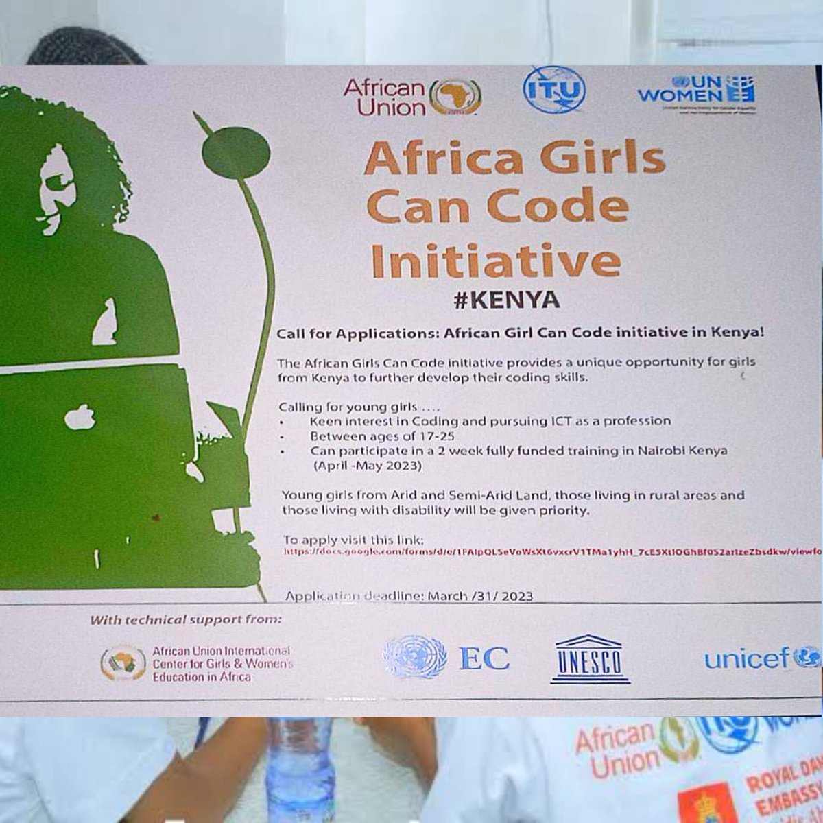 UnescoYouthKe's tweet photo. 🔴OPPORTUNITY ALERT🔴
Are you a Kenyan girl age 17-25 and interested in coding or wish to pursue ICT as profession and can participate in fully funded training for 2 weeks in Nairobi between April-May?

If YES, then apply through
https://t.co/c4IpdmI0GD

Deadline: 31st March 2023 https://t.co/Jc9FDYtgrG
