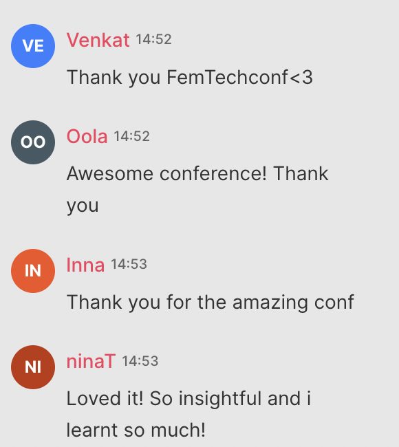 femtechconf's tweet photo. Thanks to all of you for joining us these two days of joy! We truly had an amazing time with you all and we're excited to see you next time #FemTechConf

Thanks to partners: @aiven_io @TaxdooEng  @GoDaddyLife @GoDaddyPro @ShopwareDevs @Tuxera @Tech_DH @wayflyerapp @superluminario https://t.co/BOmHD1A4z8
